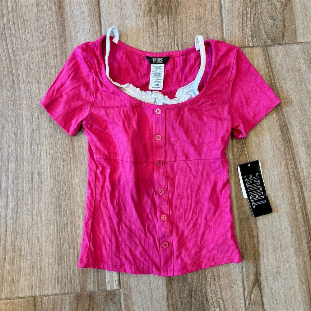 TRUCE Girls Blouse Size L (14) Dark Pink Ribbed Babydoll Button Ruffle